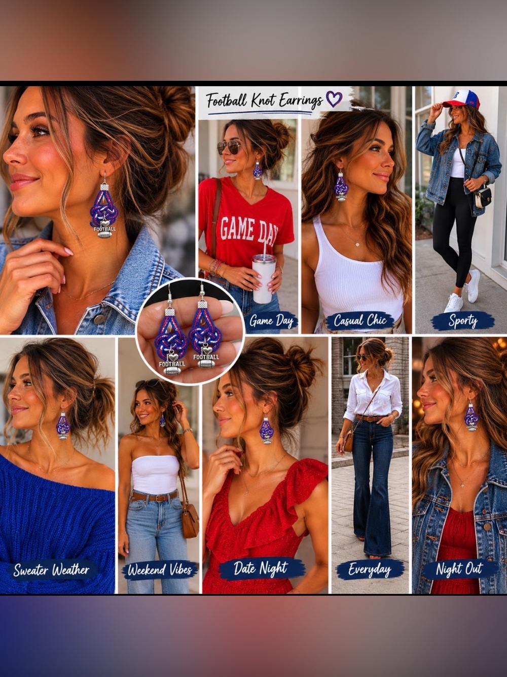 Blue and Red Football Charm Knot Earrings